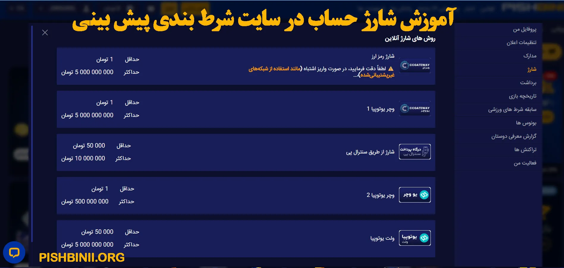 آموزش شارژ حساب در سایت شرط بندی پیش‌ بینی